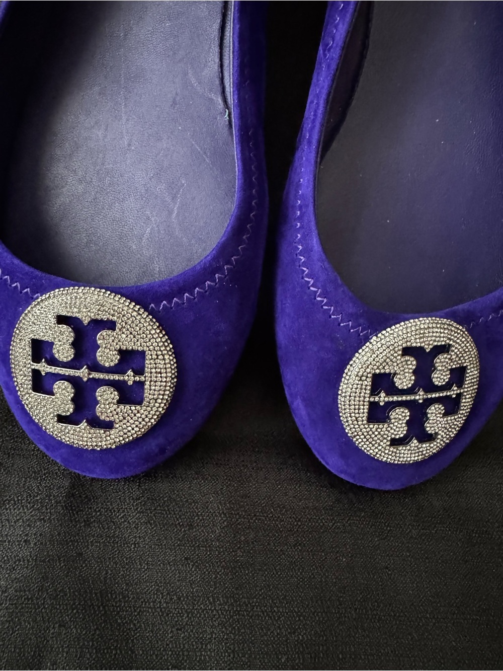 Tory Burch Deep Purple Suede Logo Flats with pave crystals